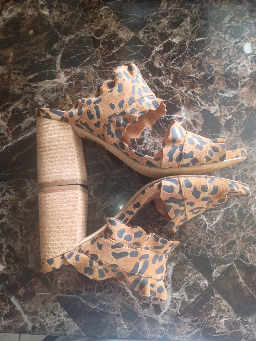 Free People Leopard Ruffle Slide Sandals - Tan & Black - Picture 2 of 7